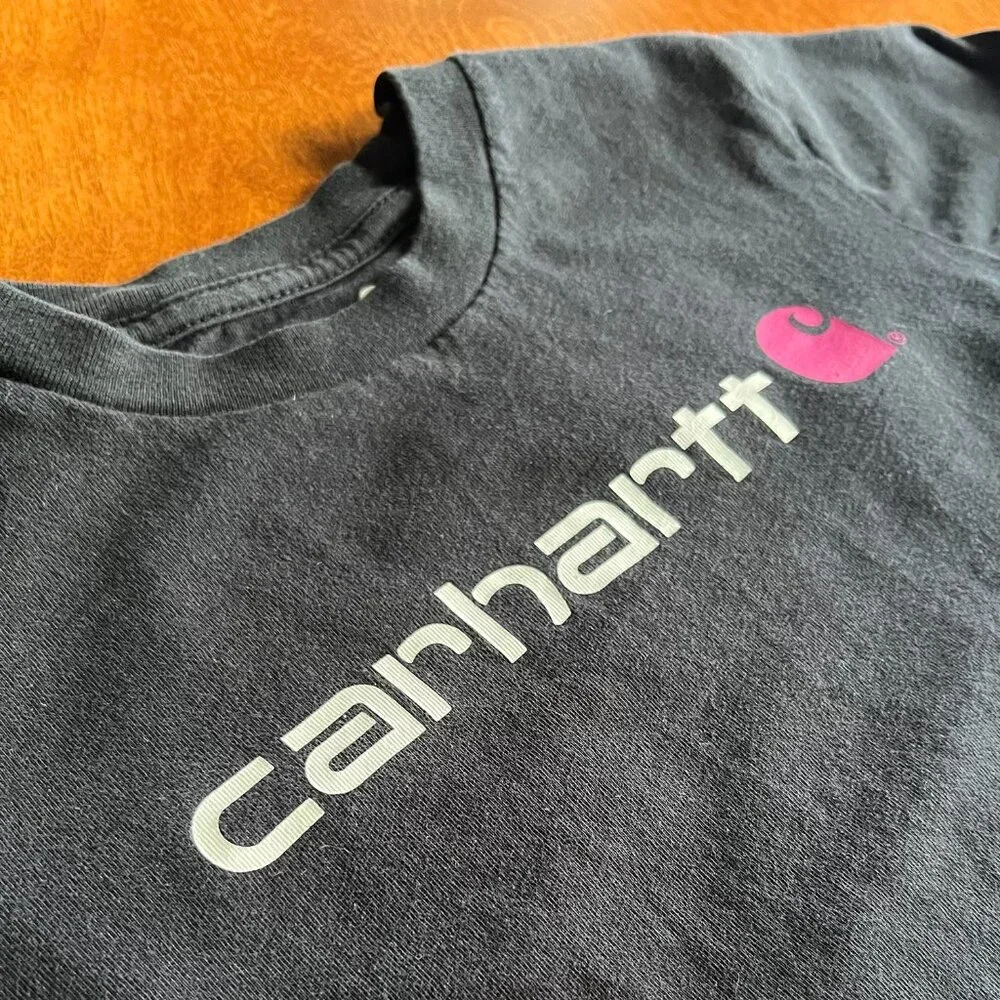 Carhartt black tee with magenta logo 3T